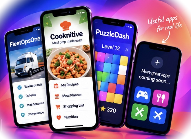 Illustrative phone screens showing FleetOpsOne for transport checks, Cooknitive for meal planning, a puzzle game concept and more apps coming soon